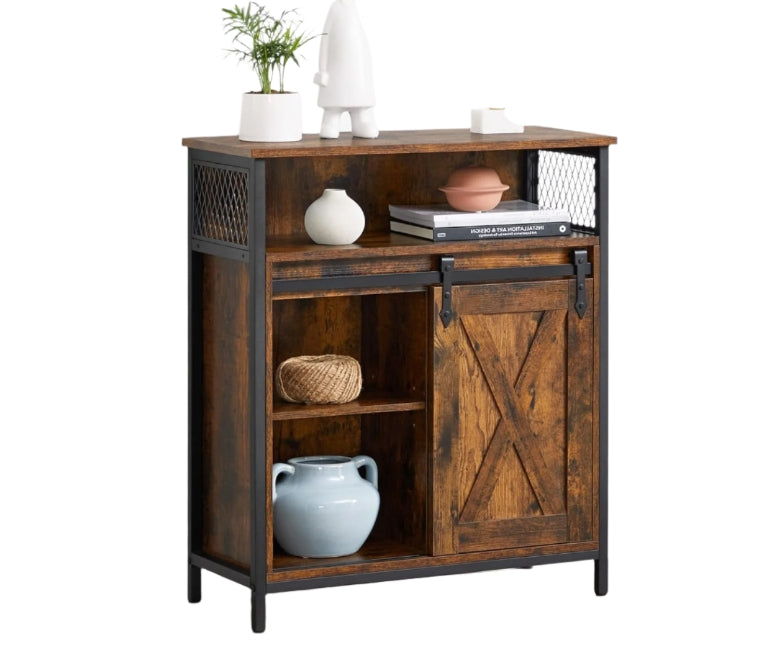 Industrial Storage Cabinet with Sliding Door, Adjustable Shelf, Open Compartment for Entryway & Living Room