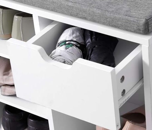 Shoe Storage Bench with Cushion, Drawer & Open Compartments for Hallway and Bedroom
