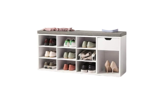 Shoe Storage Bench with Cushion, Drawer & Open Compartments for Hallway and Bedroom
