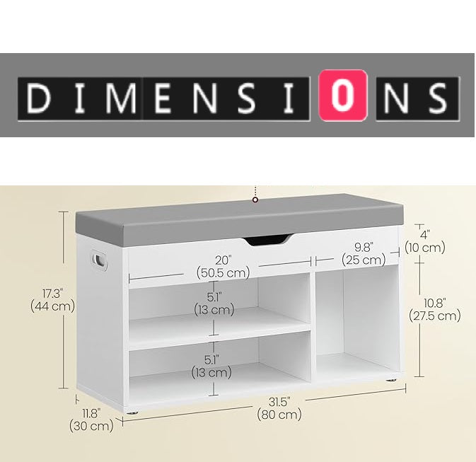 White Shoe Storage Bench with Cushion, Hidden Compartment & 3 Shelves, 150kg Capacity