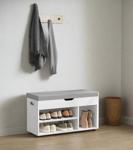 White Shoe Storage Bench with Cushion, Hidden Compartment & 3 Shelves, 150kg Capacity