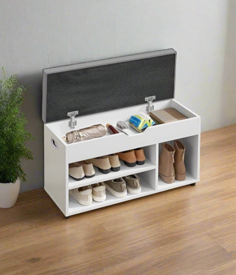 White shoe bench with cushion, hidden storage, and 3 compartments for hallway or bedroom