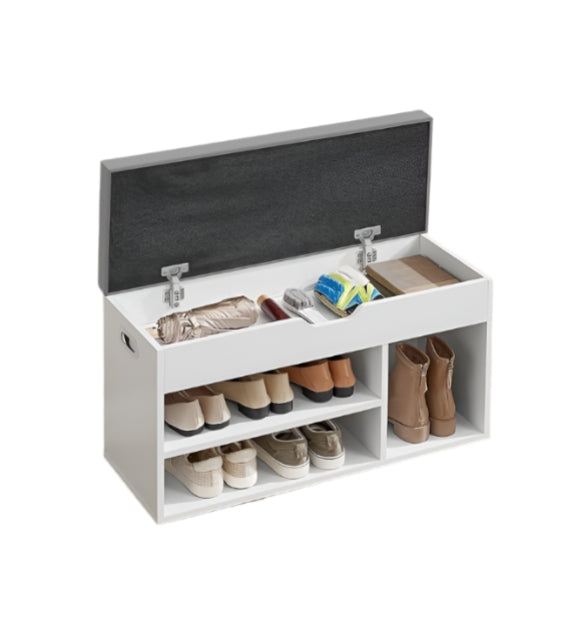 White Shoe Storage Bench with Cushion, Hidden Compartment & 3 Shelves, 150kg Capacity