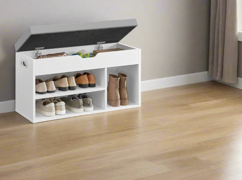 White Shoe Storage Bench with Cushion, Hidden Compartment & 3 Shelves, 150kg Capacity