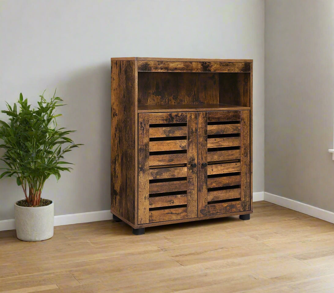 4-Tier Rustic Bathroom Cabinet with Louver Doors – Adjustable Shelf, 60 x 30 x 80 cm