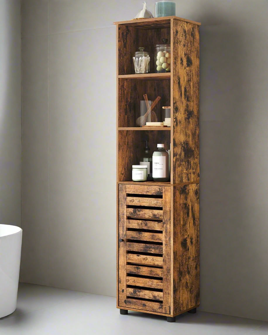 Rustic Brown Floor Cabinet with Door & Open Shelves, Adjustable Storage, 167cm Tall