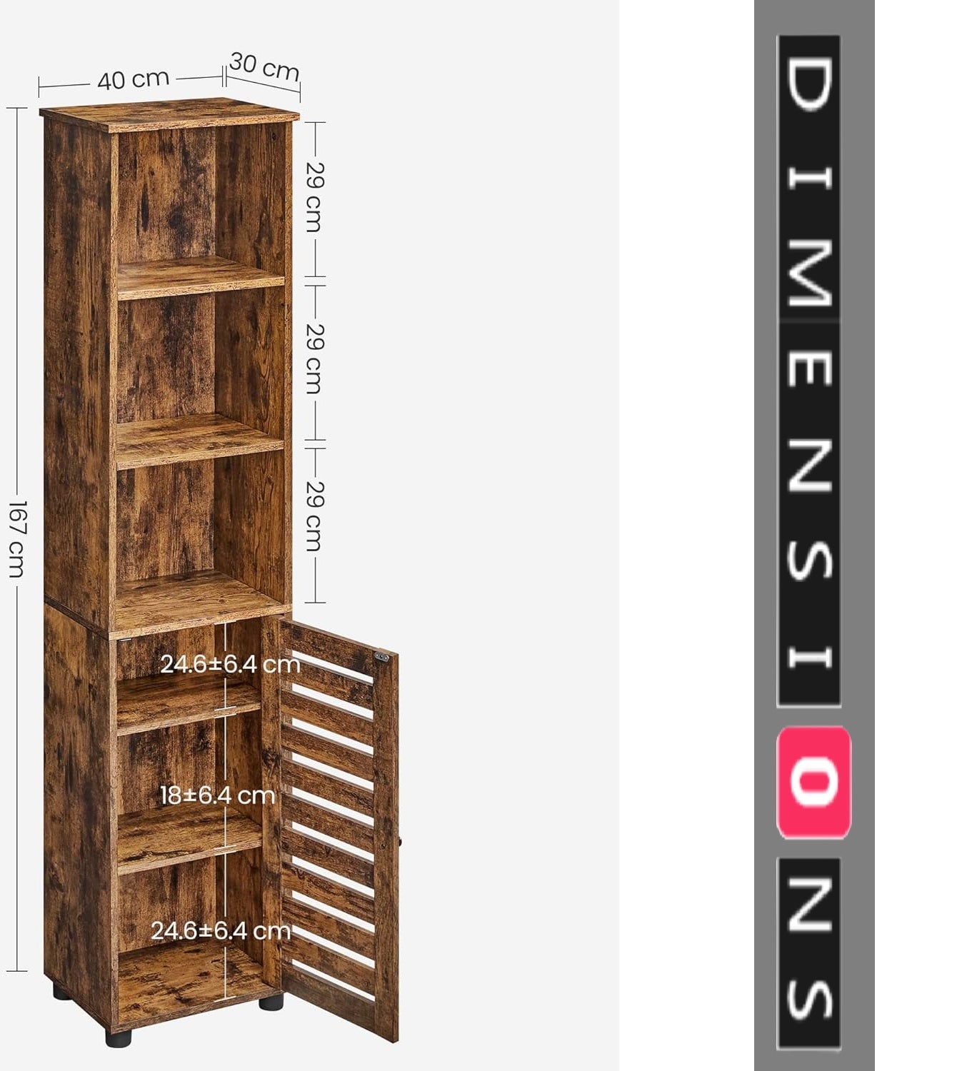Rustic Brown Floor Cabinet with Door & Open Shelves, Adjustable Storage, 167cm Tall