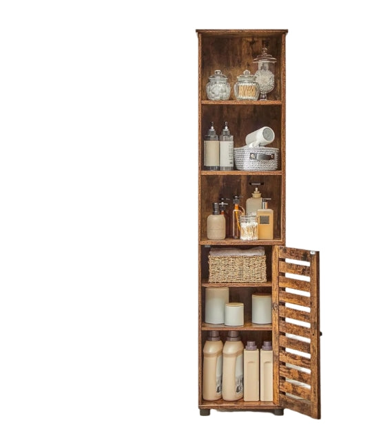 Rustic Brown Floor Cabinet with Door & Open Shelves, Adjustable Storage, 167cm Tall