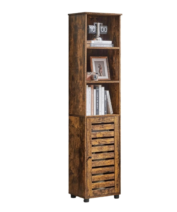 Rustic Brown Floor Cabinet with Door & Open Shelves, Adjustable Storage, 167cm Tall