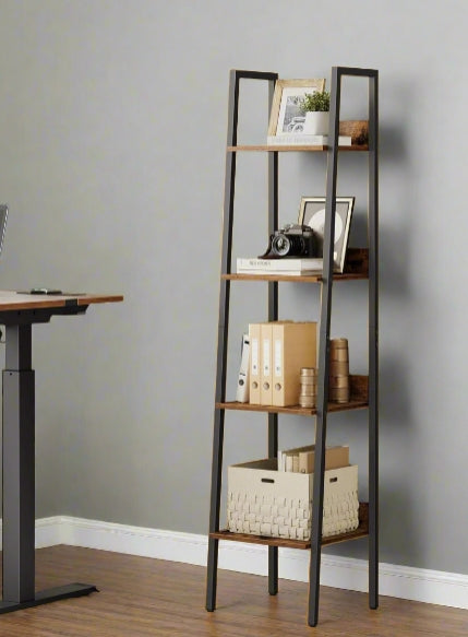 Rustic brown 4-tier industrial ladder shelf with black steel frame for books and decor