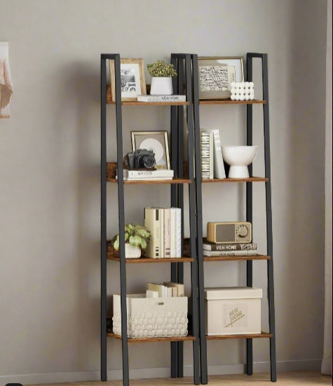 Industrial 4-Tier Ladder Shelf, Rustic Brown & Black Bookcase for Living Room or Office