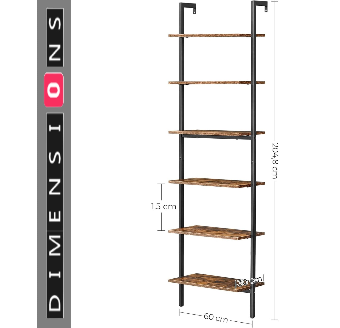 6-Tier Industrial Ladder Shelf, Rustic Brown & Black Tall Bookshelf for Home or Office