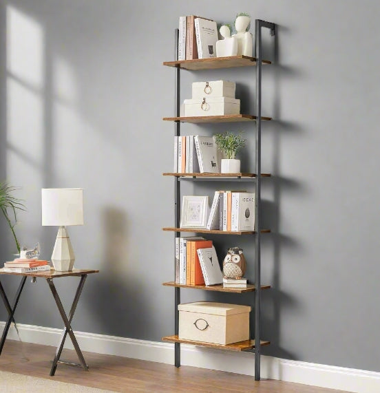 6-Tier Industrial Ladder Shelf, Rustic Brown & Black Tall Bookshelf for Home or Office