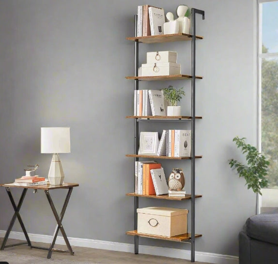 Tall rustic brown 6-tier ladder shelf with black steel frame for books, plants, and home décor