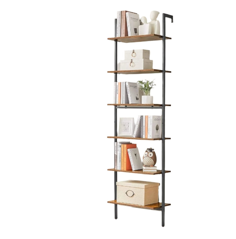 6-Tier Industrial Ladder Shelf, Rustic Brown & Black Tall Bookshelf for Home or Office