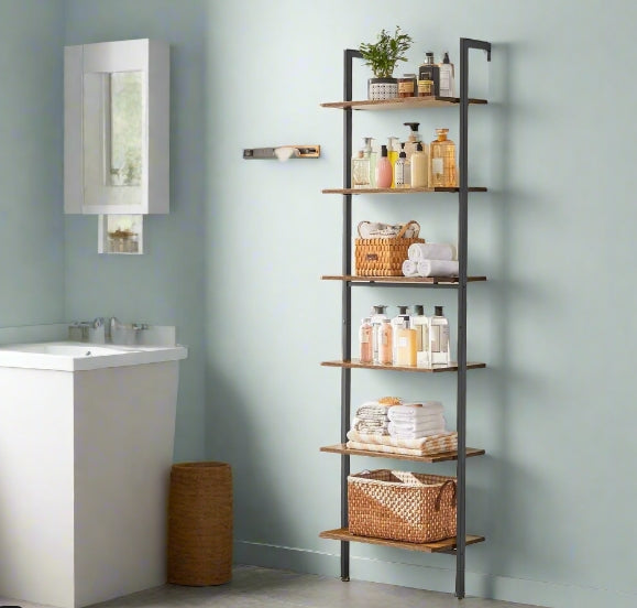 Tall rustic brown 6-tier ladder shelf with black steel frame for books, plants, and home décor