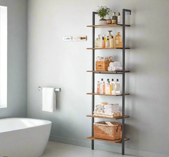 6-Tier Industrial Ladder Shelf, Rustic Brown & Black Tall Bookshelf for Home or Office