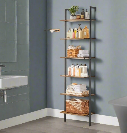 6-Tier Industrial Ladder Shelf, Rustic Brown & Black Tall Bookshelf for Home or Office