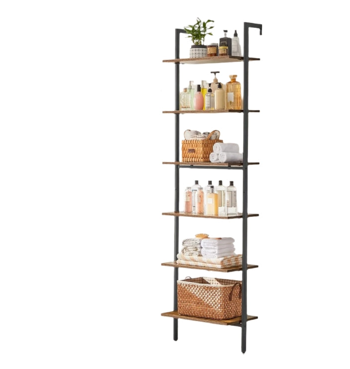 6-Tier Industrial Ladder Shelf, Rustic Brown & Black Tall Bookshelf for Home or Office