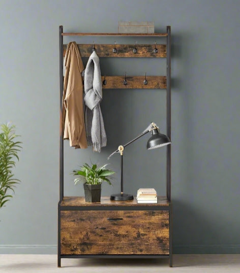 Hall Tree with Bench, Shoe Storage, 9 Hooks, Top Shelf, Industrial Coat Rack for Hallway, Rustic Brown