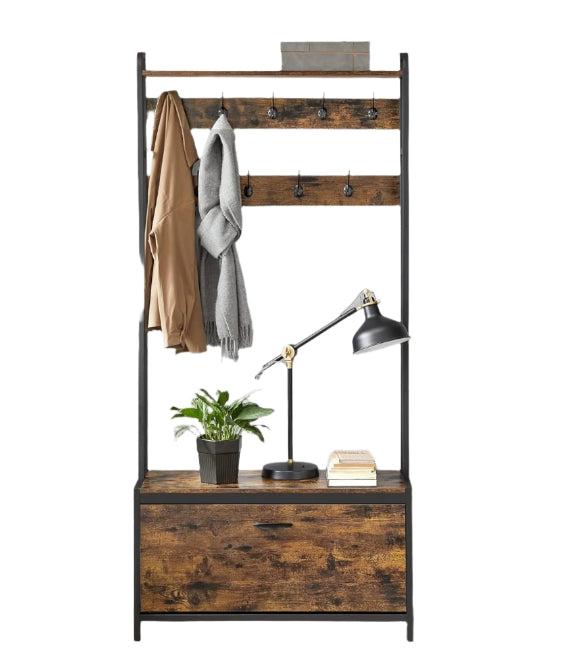 Hall Tree with Bench, Shoe Storage, 9 Hooks, Top Shelf, Industrial Coat Rack for Hallway, Rustic Brown