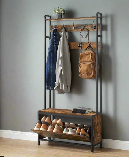 Hall Tree with Bench, Shoe Storage, 9 Hooks, Top Shelf, Industrial Coat Rack for Hallway, Rustic Brown