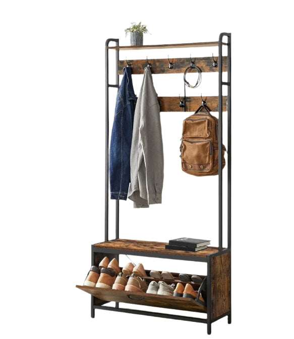 Hall Tree with Bench, Shoe Storage, 9 Hooks, Top Shelf, Industrial Coat Rack for Hallway, Rustic Brown