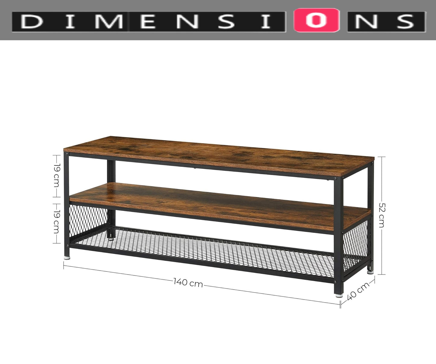 Industrial TV Stand, 140 cm Console Table with Shelves, Metal Frame, Rustic Brown Wood Finish