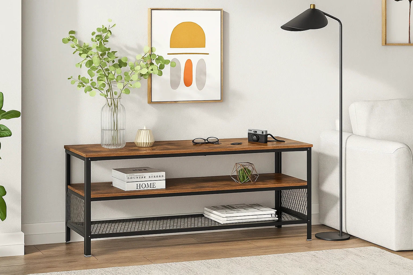 Wooden TV stand with shelves in a living room setting