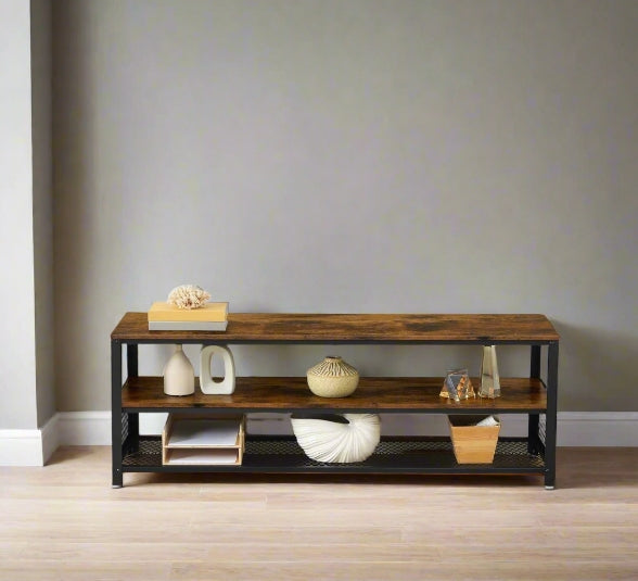 Industrial TV Stand, 140 cm Console Table with Shelves, Metal Frame, Rustic Brown Wood Finish