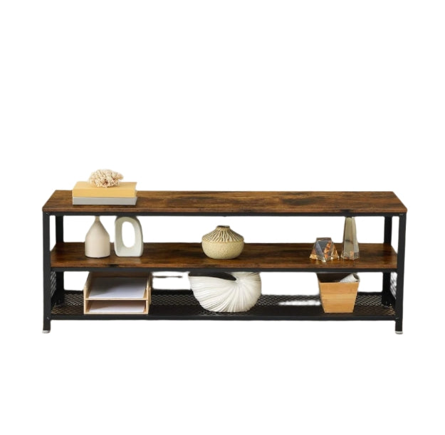 Industrial TV Stand, 140 cm Console Table with Shelves, Metal Frame, Rustic Brown Wood Finish