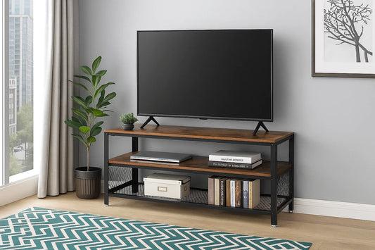 Rustic brown and black industrial TV stand with open shelving, metal frame, and wood grain finish