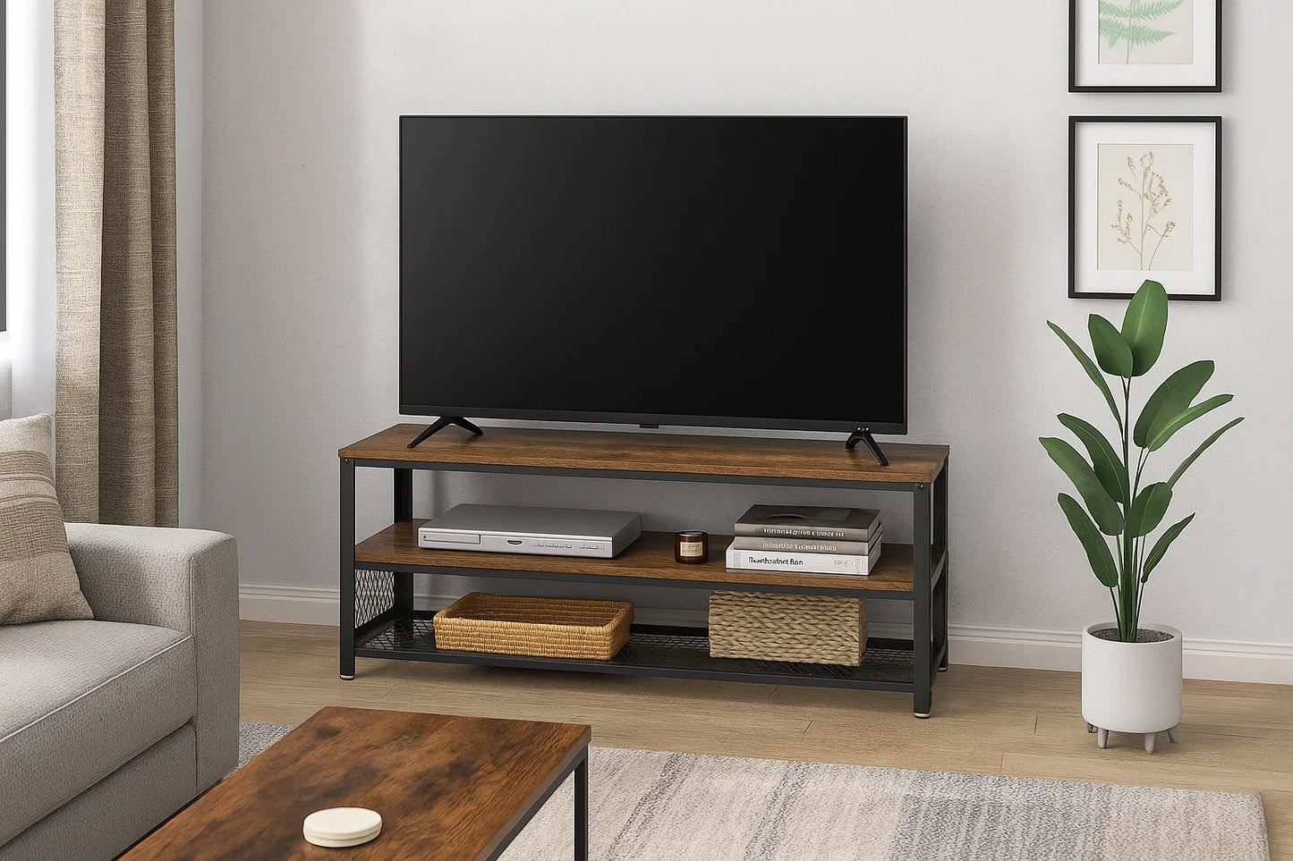 Industrial TV Stand, 140 cm Console Table with Shelves, Metal Frame, Rustic Brown Wood Finish