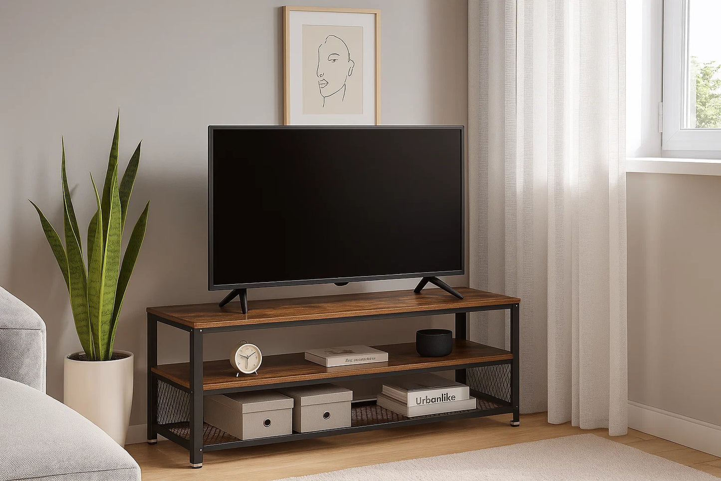 Industrial TV Stand, 140 cm Console Table with Shelves, Metal Frame, Rustic Brown Wood Finish