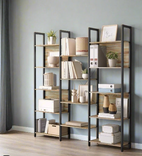 "Industrial style 14-shelf bookshelf with turquoise brown wood and black metal frame – 158cm wide bookcase for home or office"