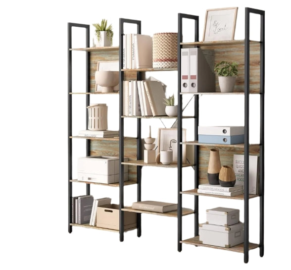 Industrial Bookshelf with 14 Shelves – Turquoise Brown & Black Metal Frame – 158cm Wide Bookcase