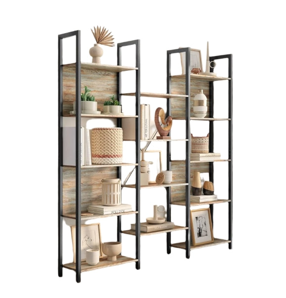 Industrial Bookshelf with 14 Shelves – Turquoise Brown & Black Metal Frame – 158cm Wide Bookcase