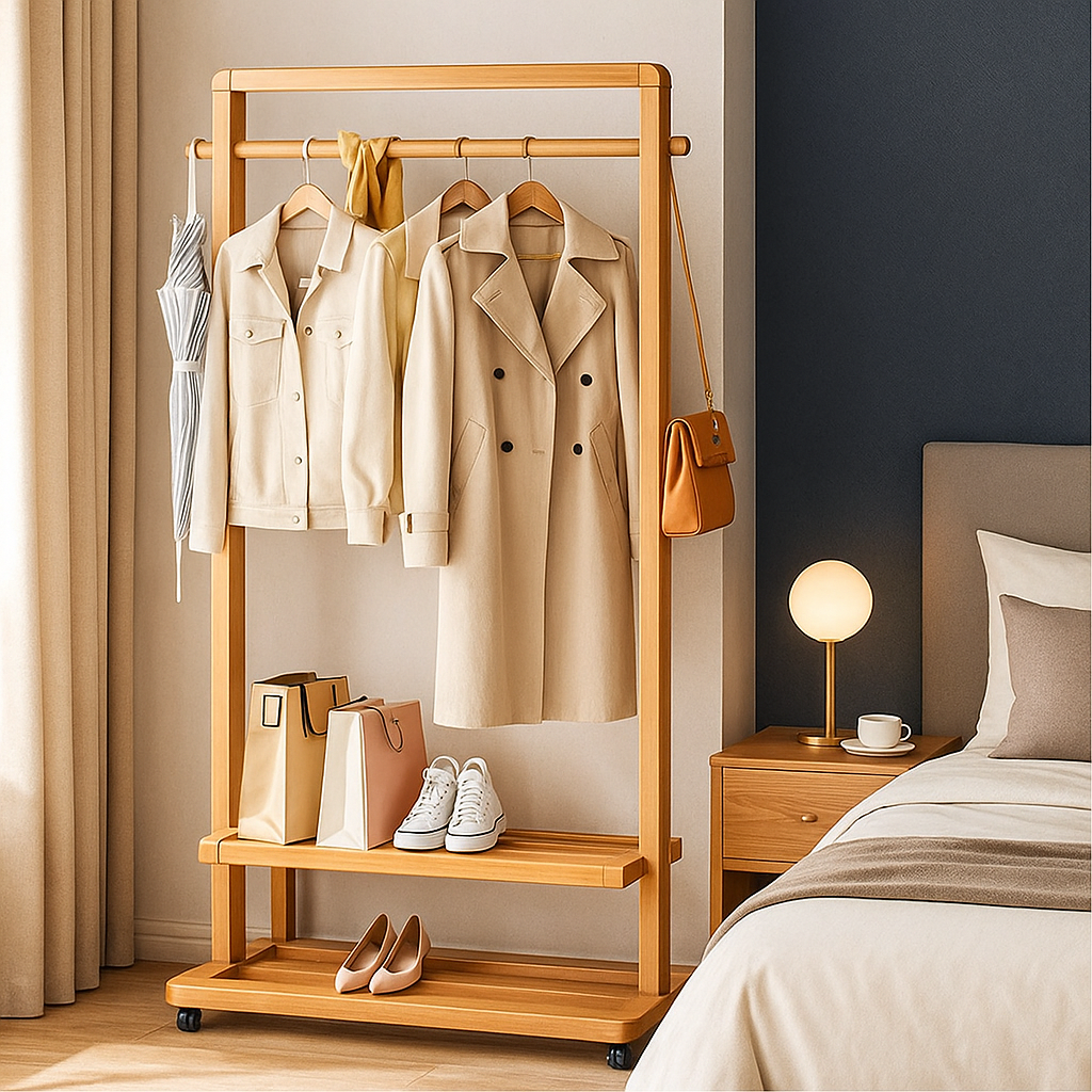 Rolling Bamboo Clothes Rail with Shelf – Heavy Duty Wooden Garment Hanging Stand with Wheels