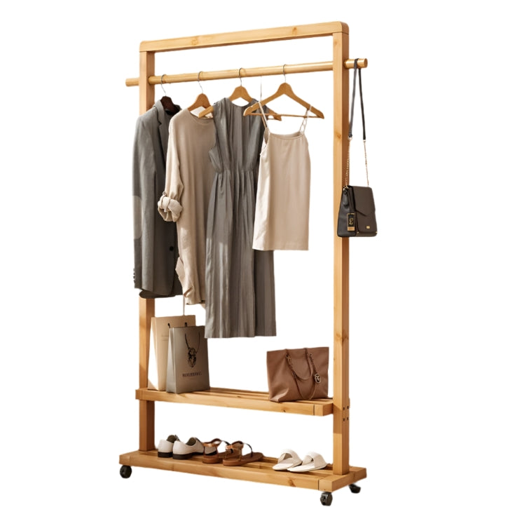Rolling Bamboo Clothes Rail with Shelf – Heavy Duty Wooden Garment Hanging Stand with Wheels
