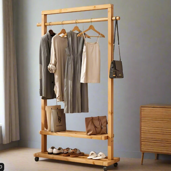 Rolling Bamboo Clothes Rail with Shelf – Heavy Duty Wooden Garment Hanging Stand with Wheels