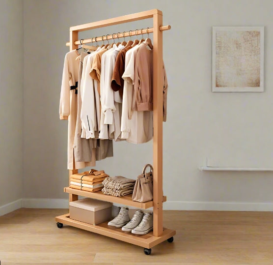 Rolling bamboo clothes rail with hanging bar and shelf – heavy-duty wooden garment stand with wheels 65.5x32x163.5cm
