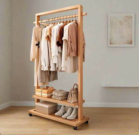 Rolling bamboo clothes rail with hanging bar and shelf – heavy-duty wooden garment stand with wheels 65.5x32x163.5cm