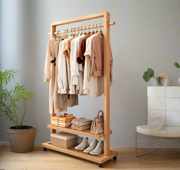 Rolling Bamboo Clothes Rail with Shelf – Heavy Duty Wooden Garment Hanging Stand with Wheels