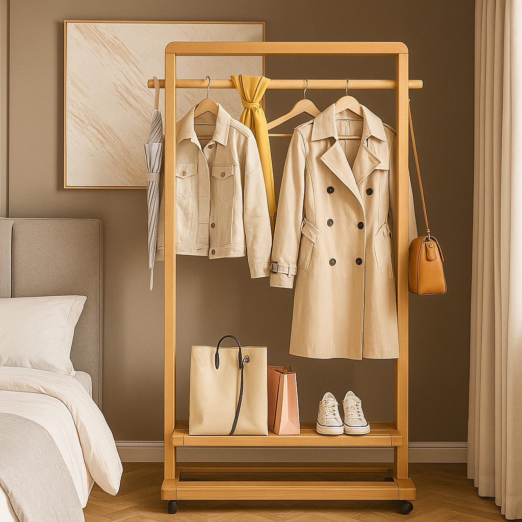 Rolling Bamboo Clothes Rail with Shelf – Heavy Duty Wooden Garment Hanging Stand with Wheels
