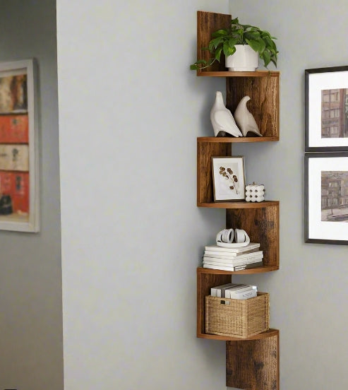Rustic Brown 5-Tier Corner Wall Shelf – Floating Display Bookcase