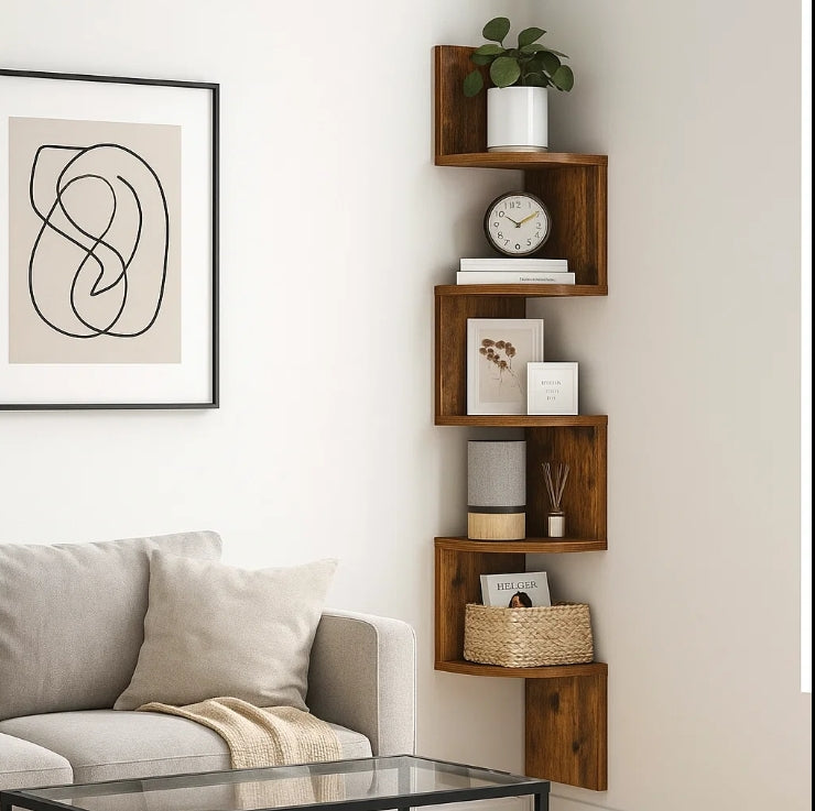 "Rustic brown 5-tier zigzag corner wall shelf for living room or bedroom – floating bookcase unit"
