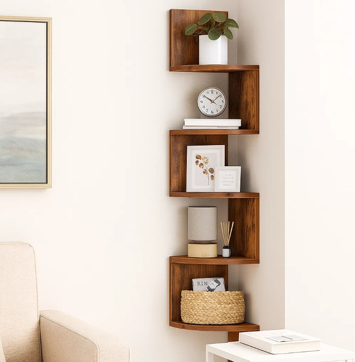 Rustic Brown 5-Tier Corner Wall Shelf – Floating Display Bookcase
