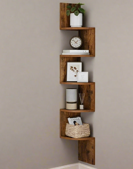 Rustic Brown 5-Tier Corner Wall Shelf – Floating Display Bookcase