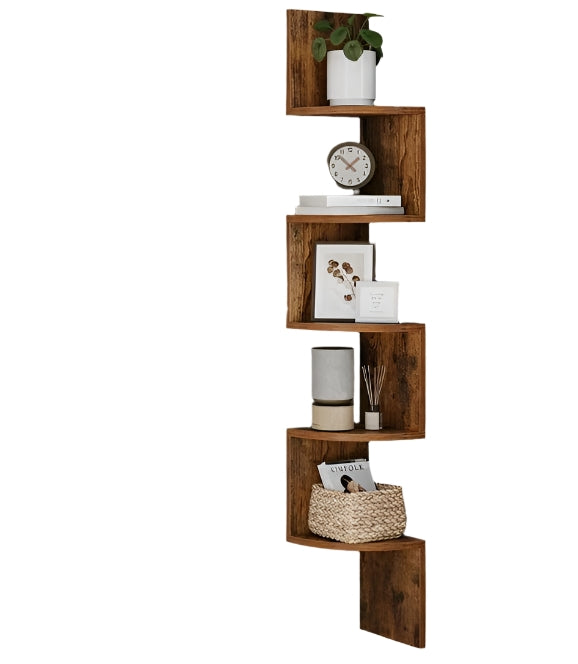 Rustic Brown 5-Tier Corner Wall Shelf – Floating Display Bookcase