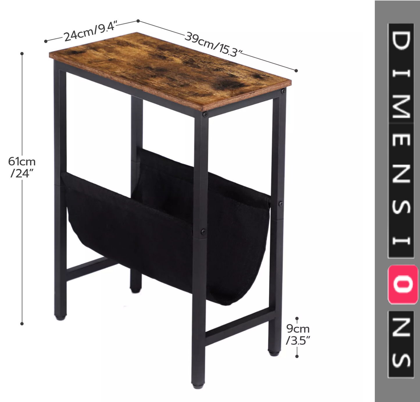 Rustic Brown Narrow Side Table – Small Bedside End Table with Metal Frame for Bedroom or Living Room